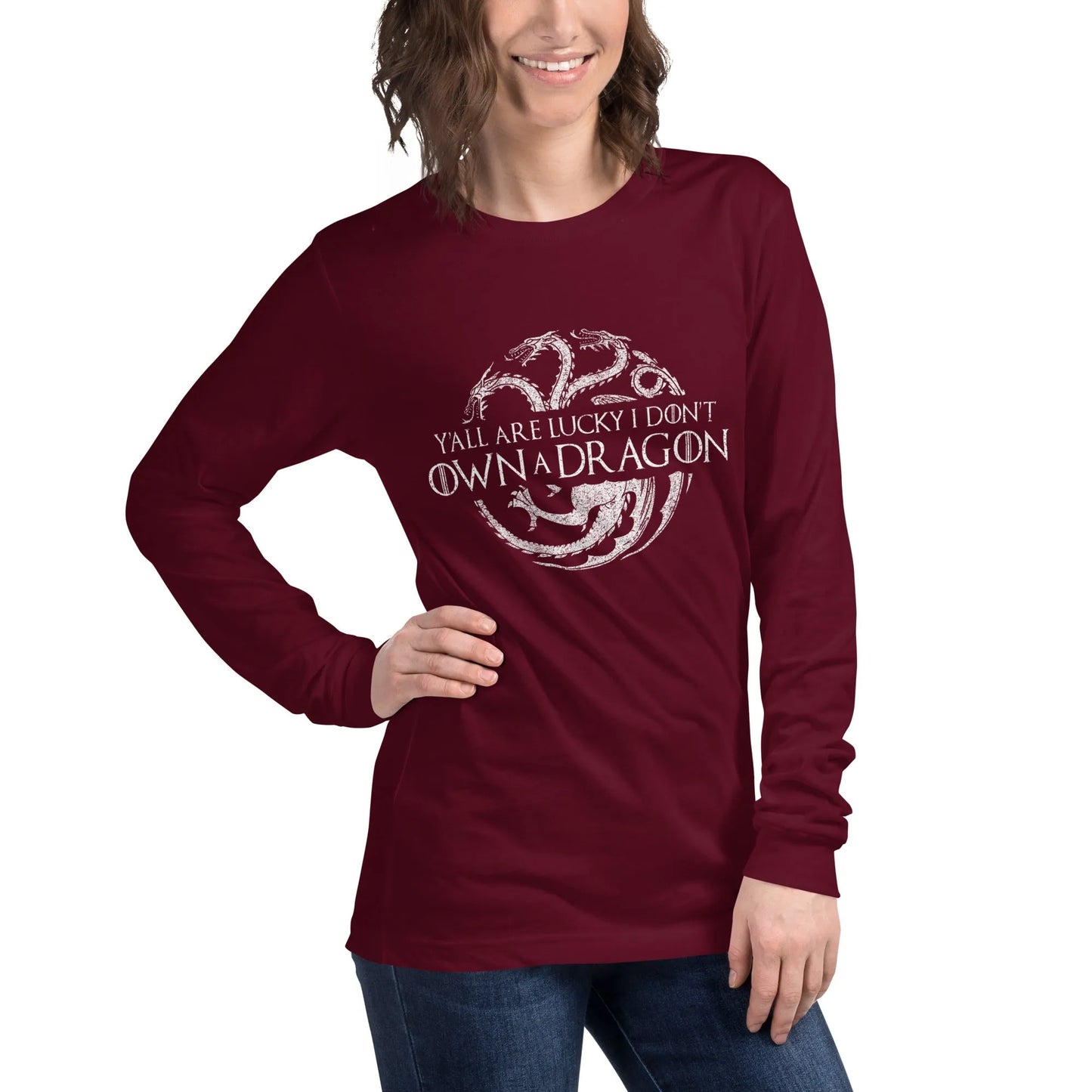 Y'all are lucky I don't own a dragon circular dragon graphic with three heads on a dark red long sleeve t shirt, whimsical, magic, fantasy, Rebel Girl Rampage