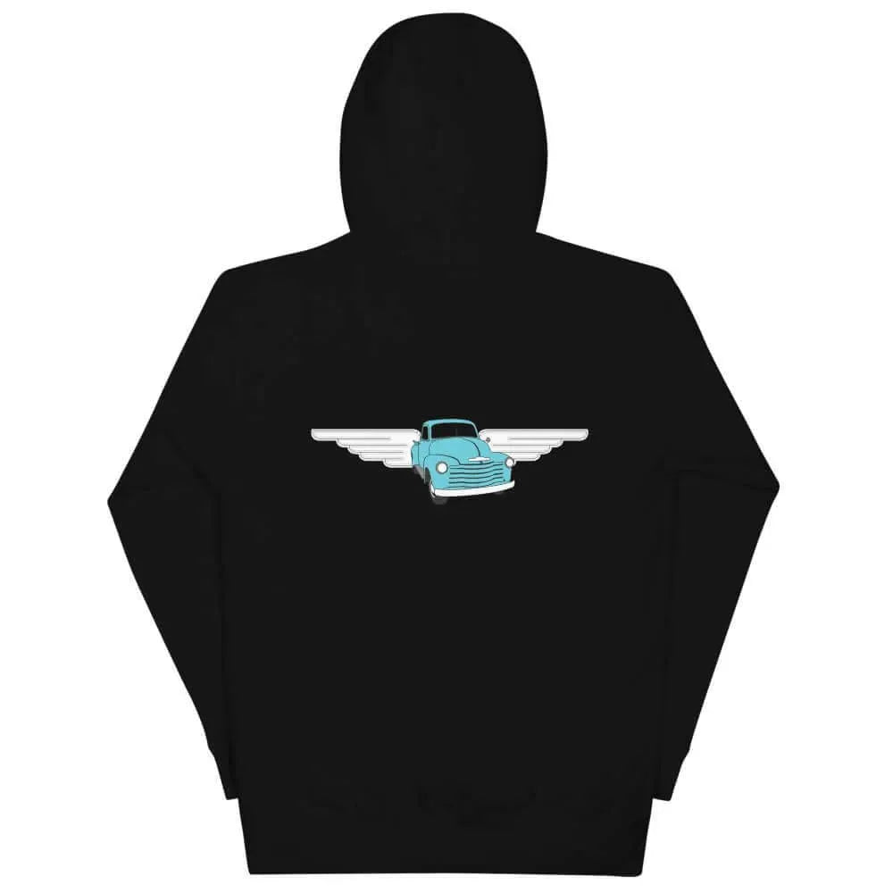 Vintage 54 Chevy Classic Truck Retro turquoise Car with angel wings Unisex Hoodie 