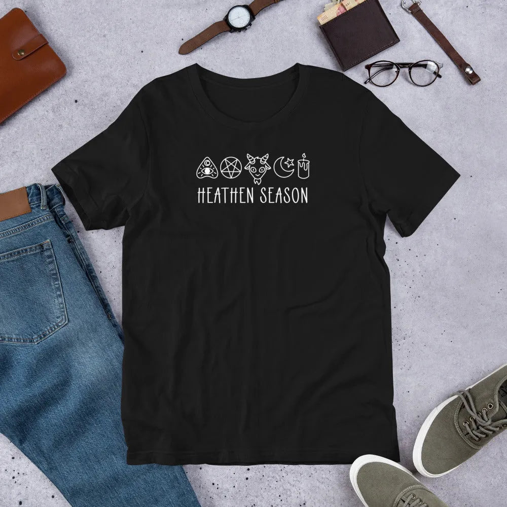 Heathen Season witchy spooky fall autumn graphic with a ouija board, pentacle, goat head, moon, star and candle on a black unisex t shirt, halloween vibes, spooky season, Rebel Girl Rampage