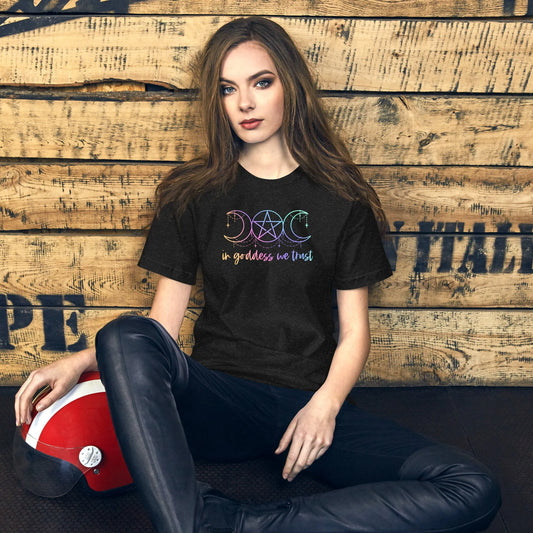 In Goddess We Trust Unisex T-Shirt, Witchy magical feminine, Moon phase, pentagram, Rebel Girl Rampage 