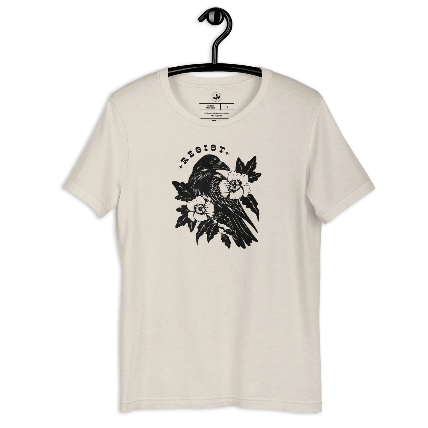 Resist Crow Floral and Leafy Graphic on a light cream unisex t shirt, witchy nature vibes, Rebel Girl Rampage