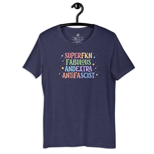 SuperFknFab Extra Antifascist Navy Unisex T-Shirt on a hanger, fun, bold, wild, fabulous, democracy, Rebel Girl Rampage