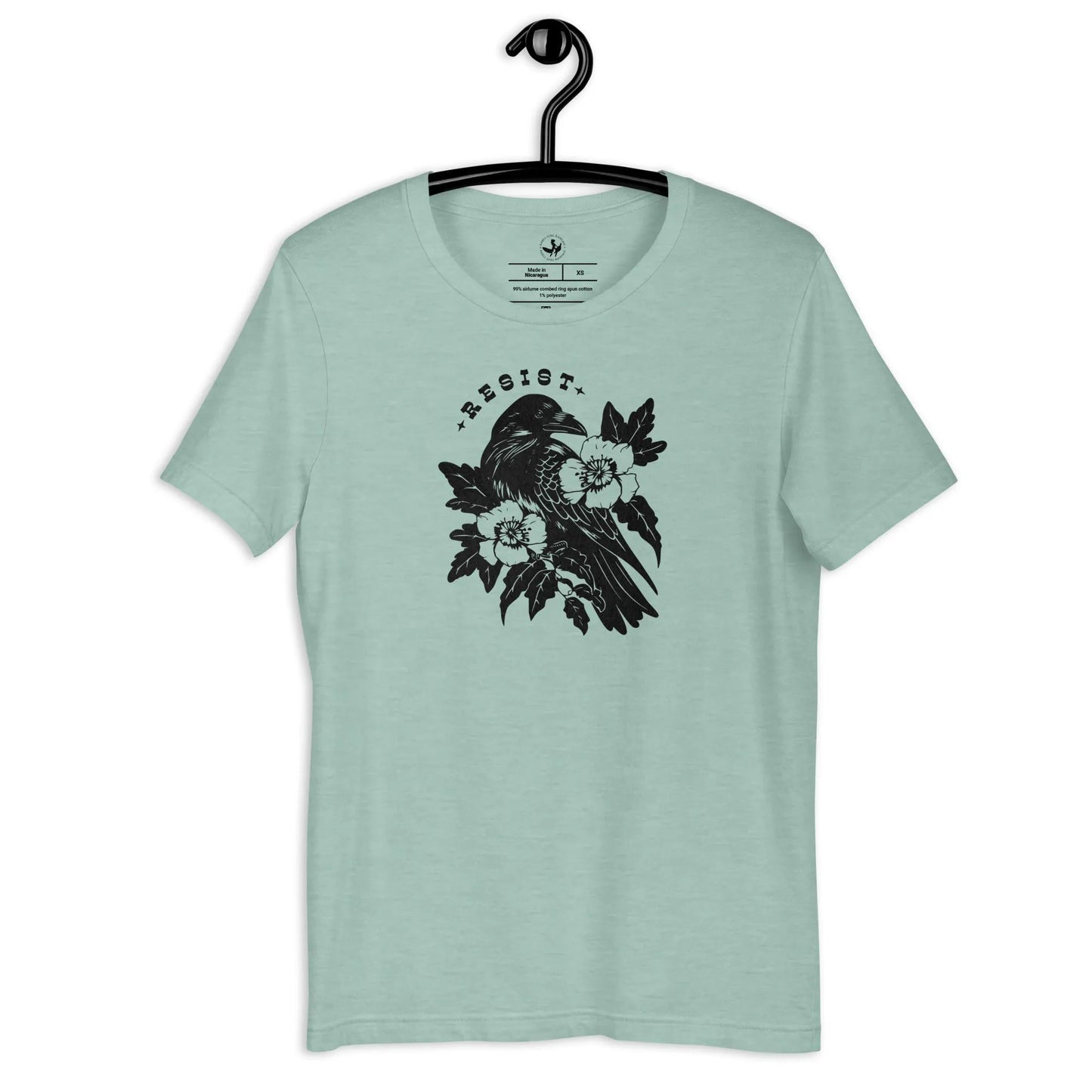 Resist Crow Floral and Leafy Graphic on a light sage unisex t shirt, witchy nature vibes, Rebel Girl Rampage