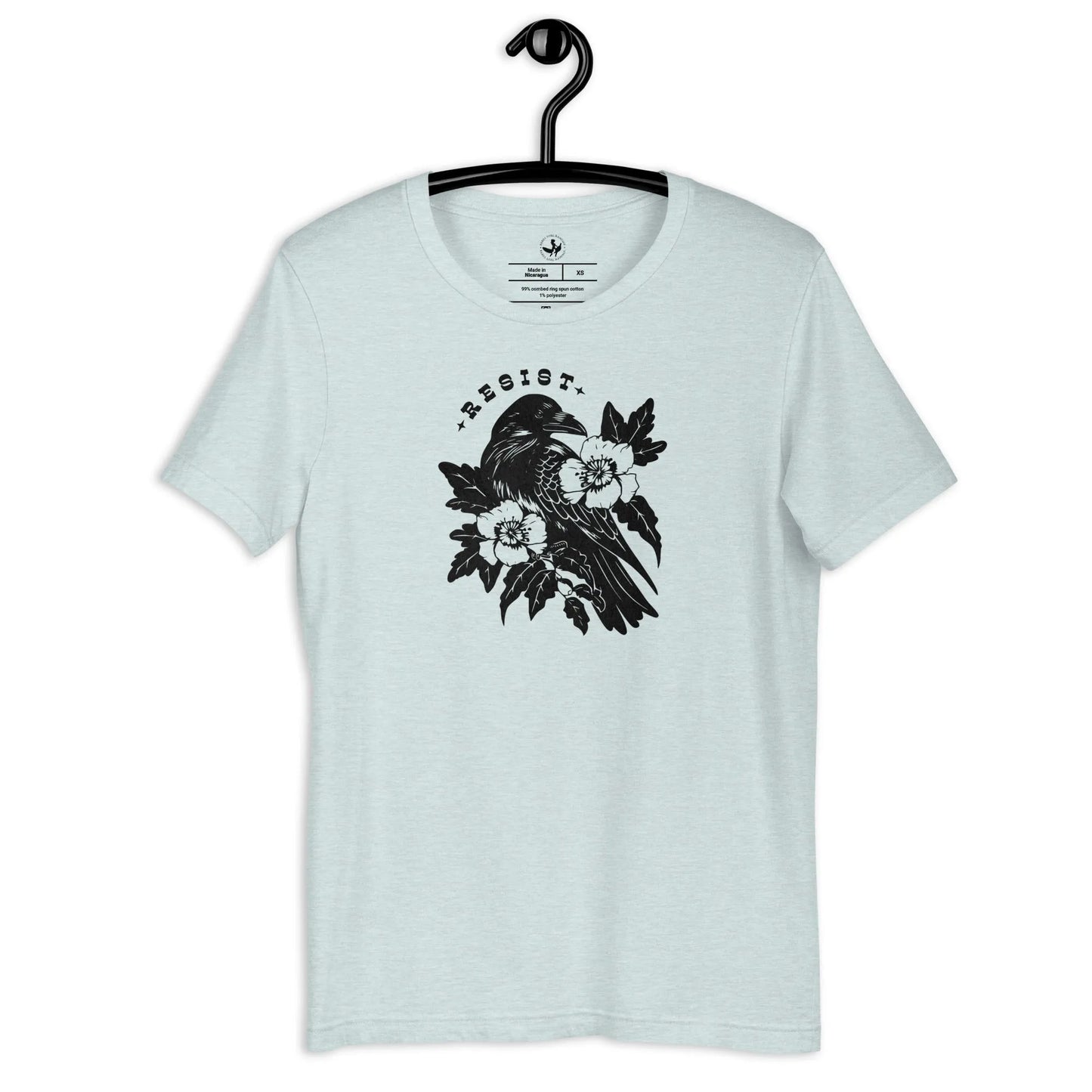 Resist Crow Floral and Leafy Graphic on a white unisex t shirt, witchy nature vibes, Rebel Girl Rampage