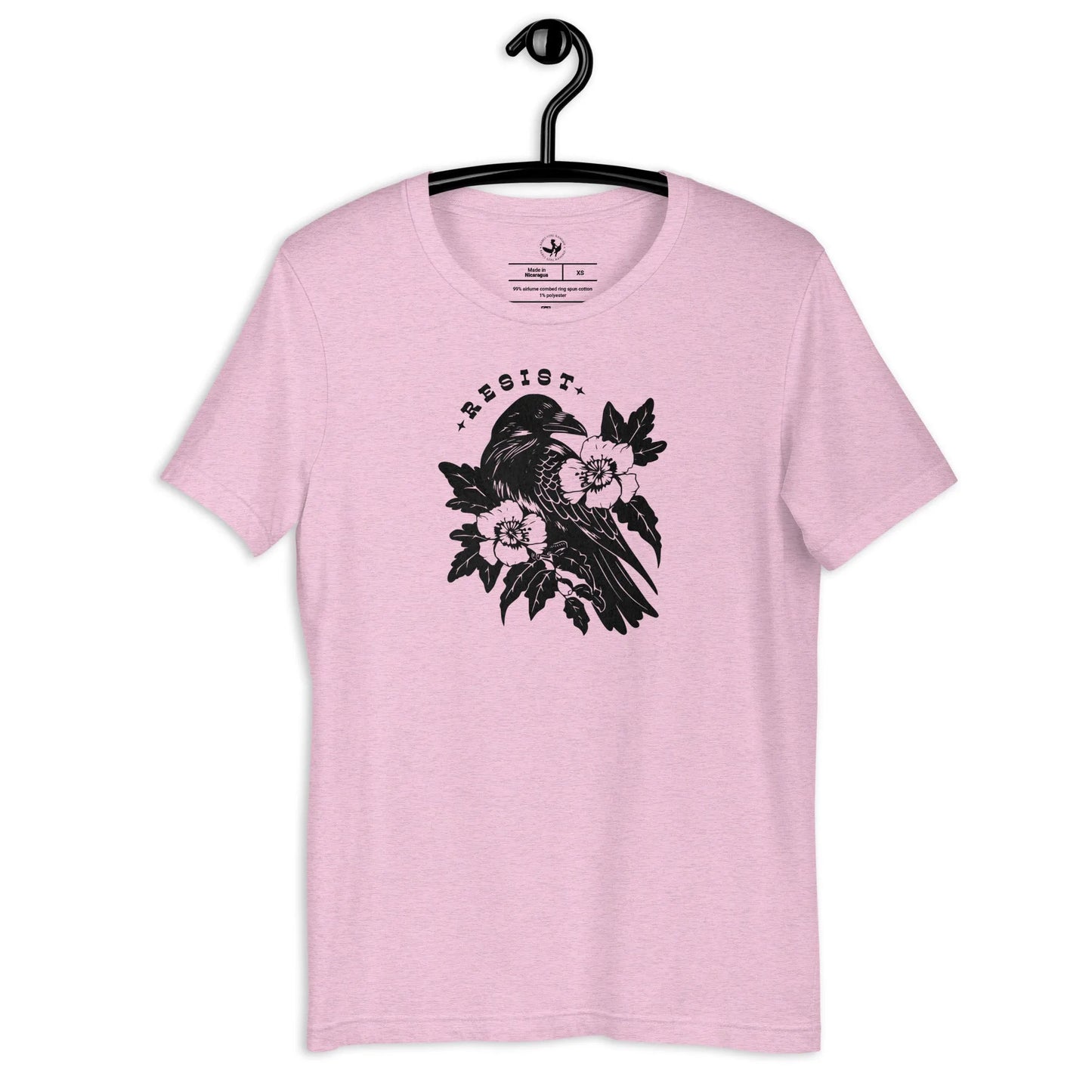 Resist Crow Floral and Leafy Graphic on a light pink unisex t shirt, witchy nature vibes, Rebel Girl Rampage
