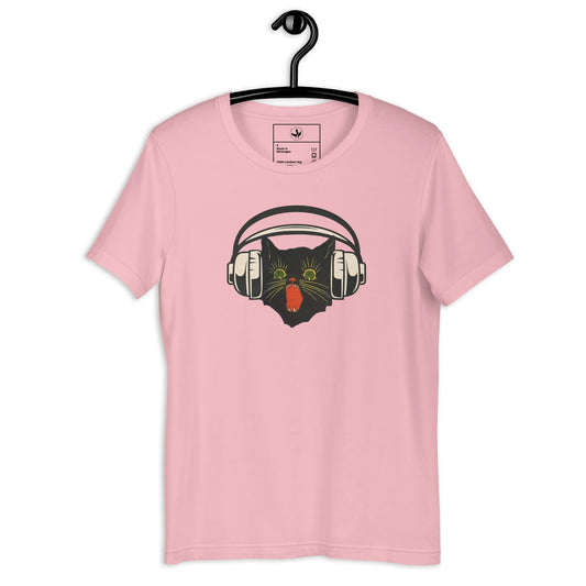 Retro black cat listening to music with headphones on a pink shirt, spooky season, vintage style, Rebel Girl Rampage