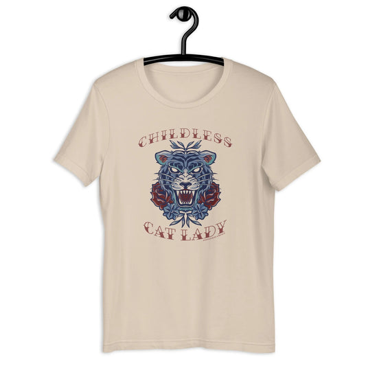 Childless Cat Lady Unisex T-Shirt, Kamala democrat, JD Vance, American Traditional Vintage Tattoo Tiger. Rebel Girl Rampage