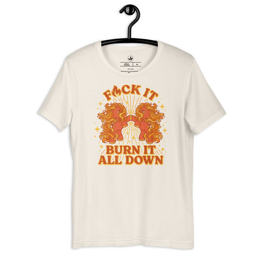 Off white t-shirt with a retro graphic of two unicorns and text on a hanger against a white background