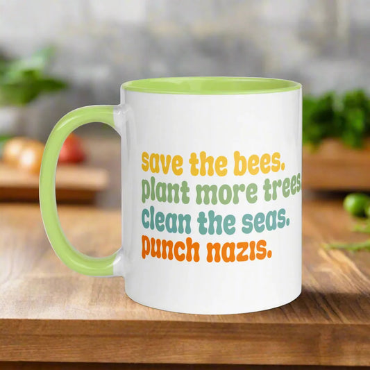 Bees, Trees & Seas Puch Nazis Rhyme Ceramic Coffee Mug with color, Rebel Girl Rampage 