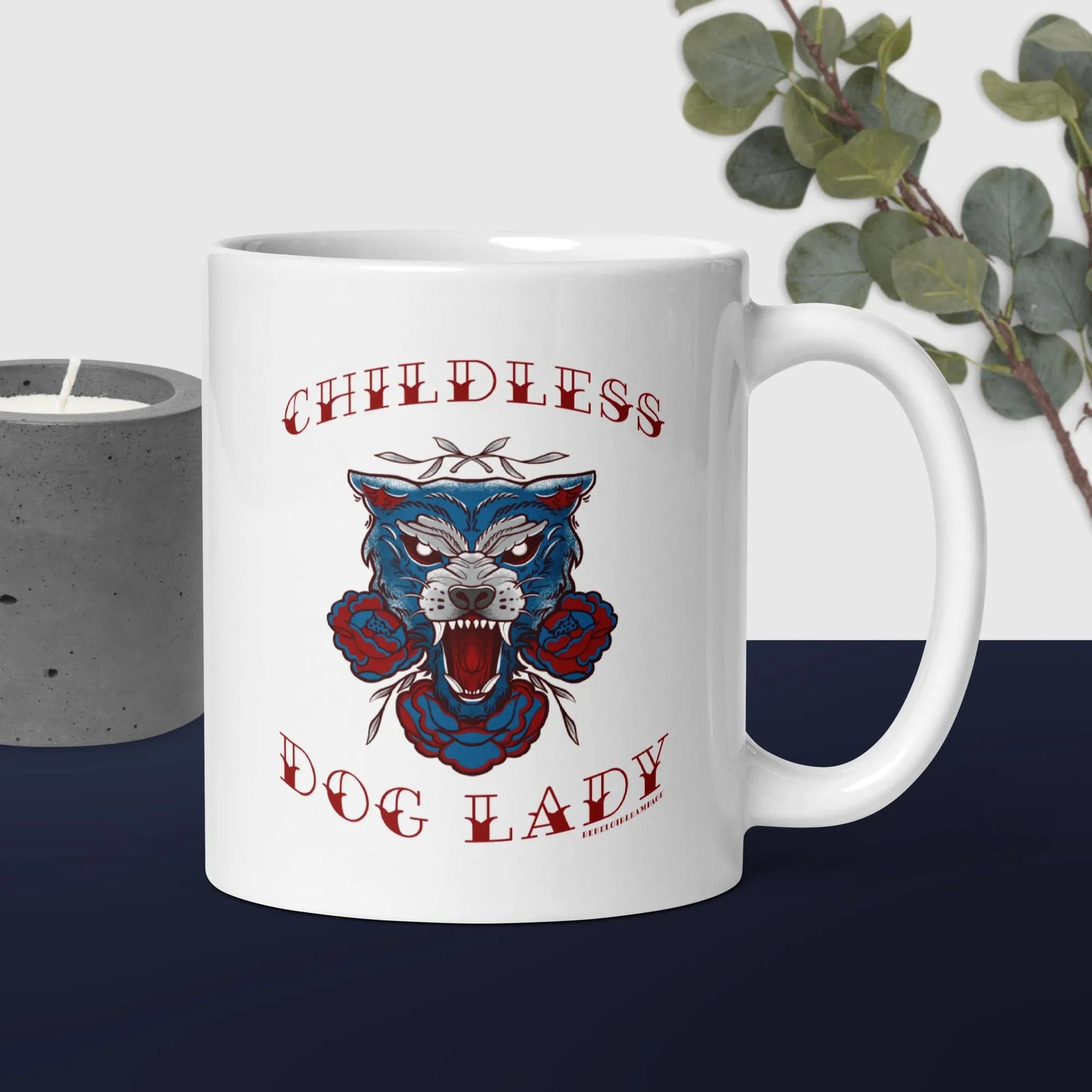 Childless Dog Lady Ceramic Coffee Mug, rescue pet child free women American Traditional Tattoo art Rebel Girl Rampage