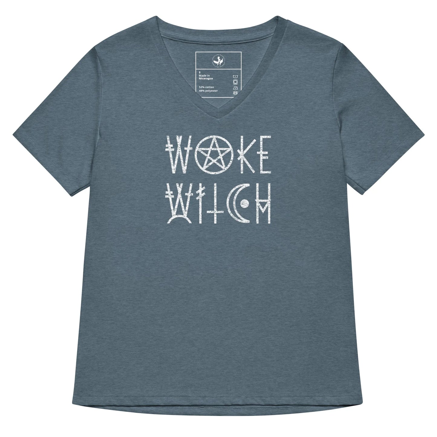 Woke Witch Women’s Tri-blend V-neck T-shirt, Graphic of a pentagram and other witchy symbols on a heather slate t-shirt that says “woke witch”, Halloween, feminist art, Rebel Girl Rampage