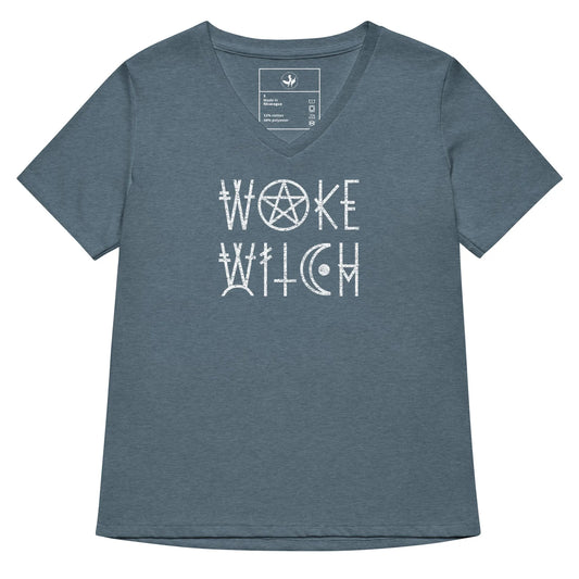 Woke Witch Women’s Tri-blend V-neck T-shirt, Graphic of a pentagram and other witchy symbols on a heather slate t-shirt that says “woke witch”, Halloween, feminist art, Rebel Girl Rampage