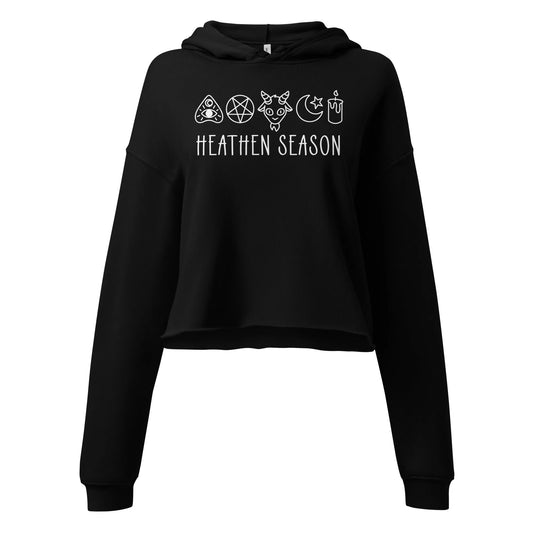 Heathen Season witchy spooky fall autumn graphic with a ouija board, pentacle, goat head, moon, star and candle on a black crop hoodie, halloween vibes, spooky season, Rebel Girl Rampage