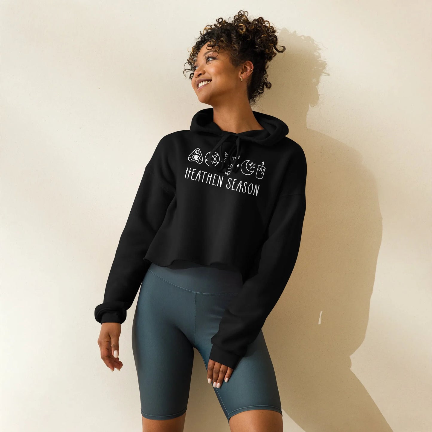 Heathen Season witchy spooky fall autumn graphic with a ouija board, pentacle, goat head, moon, star and candle on a black crop hoodie, halloween vibes, spooky season, Rebel Girl Rampage