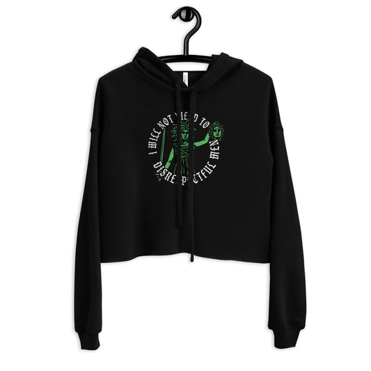 Will Not Yield to Disrespectful Men circular graphic with a medusa holding a mans head on a black crop hoodie, feminist, snakes, spooky season, equality, Rebel Girl Rampage