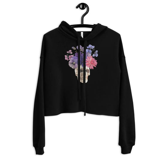Floral skull graphic on a long sleeve crop hoodie, skulls, flowers, aesthetic, floral, anatomical skull, collage, cool, unique, Rebel Girl Rampage