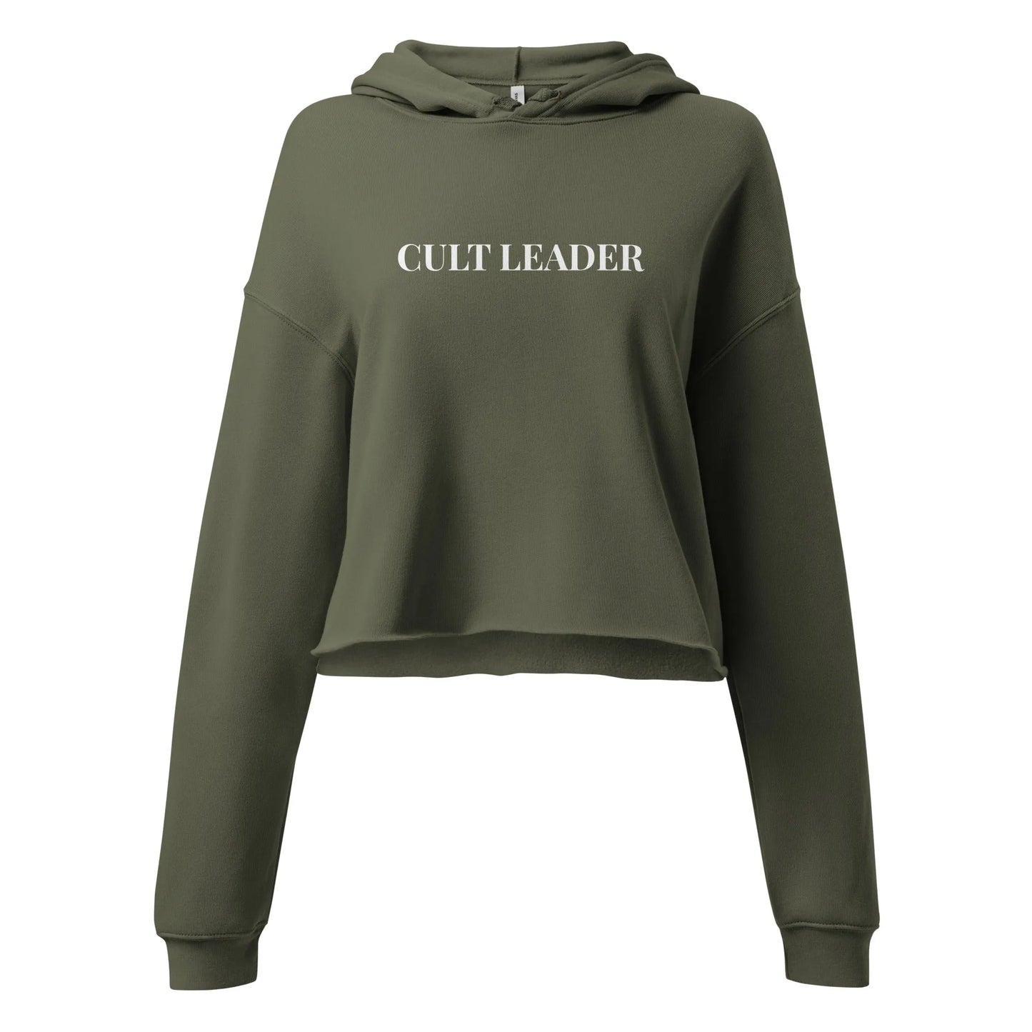 Cult Leader white graphic on a dark green crop hoodie, sassy, witchy and mysterious, Rebel Girl Rampage
