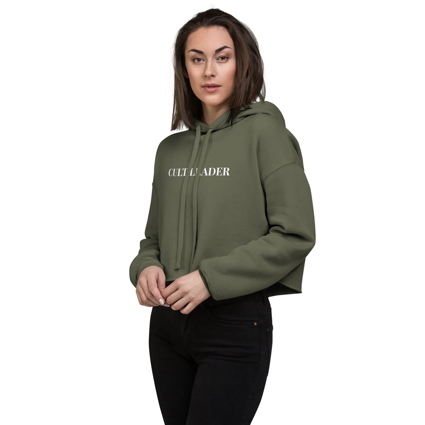 Cult Leader white graphic on a dark green crop hoodie, sassy, witchy and mysterious, Rebel Girl Rampage