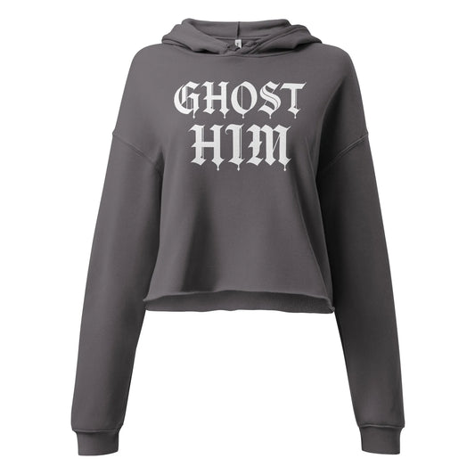 GHOST HIM white graphic on a grey crop hoodie perfect for silly, sassy halloween vibes, Rebel Girl Rampage