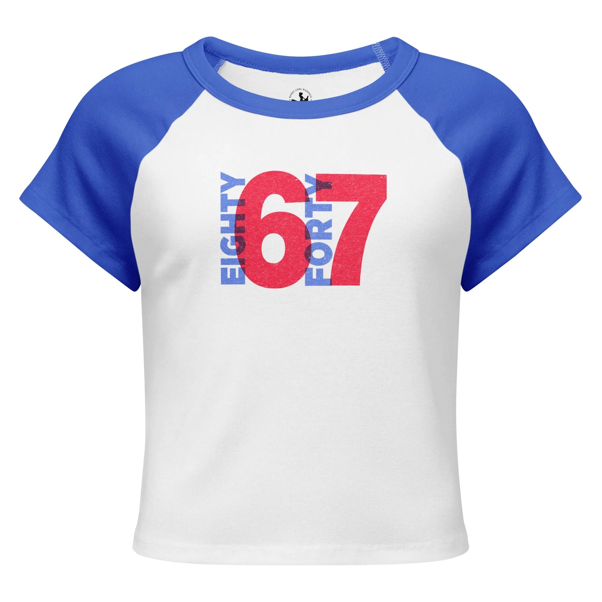 Eighty 6 Forty 7 anti trump impeachment graphic on a white and blue baby raglan tee, no kings, f the patriarchy, get trump out of office, Rebel Girl Rampage