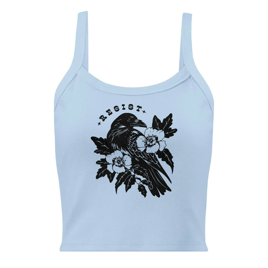 Resist Crow Floral and Leafy Graphic on a light blue crop tank top, Witchy feminism vibes, Rebel Girl Rampage