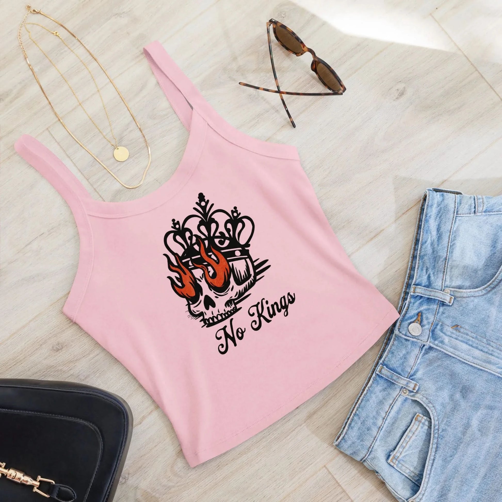 No Kings skull, crown and flame eyes graphic on a pink crop tank top, stand with democracy, Rebel Girl Rampage