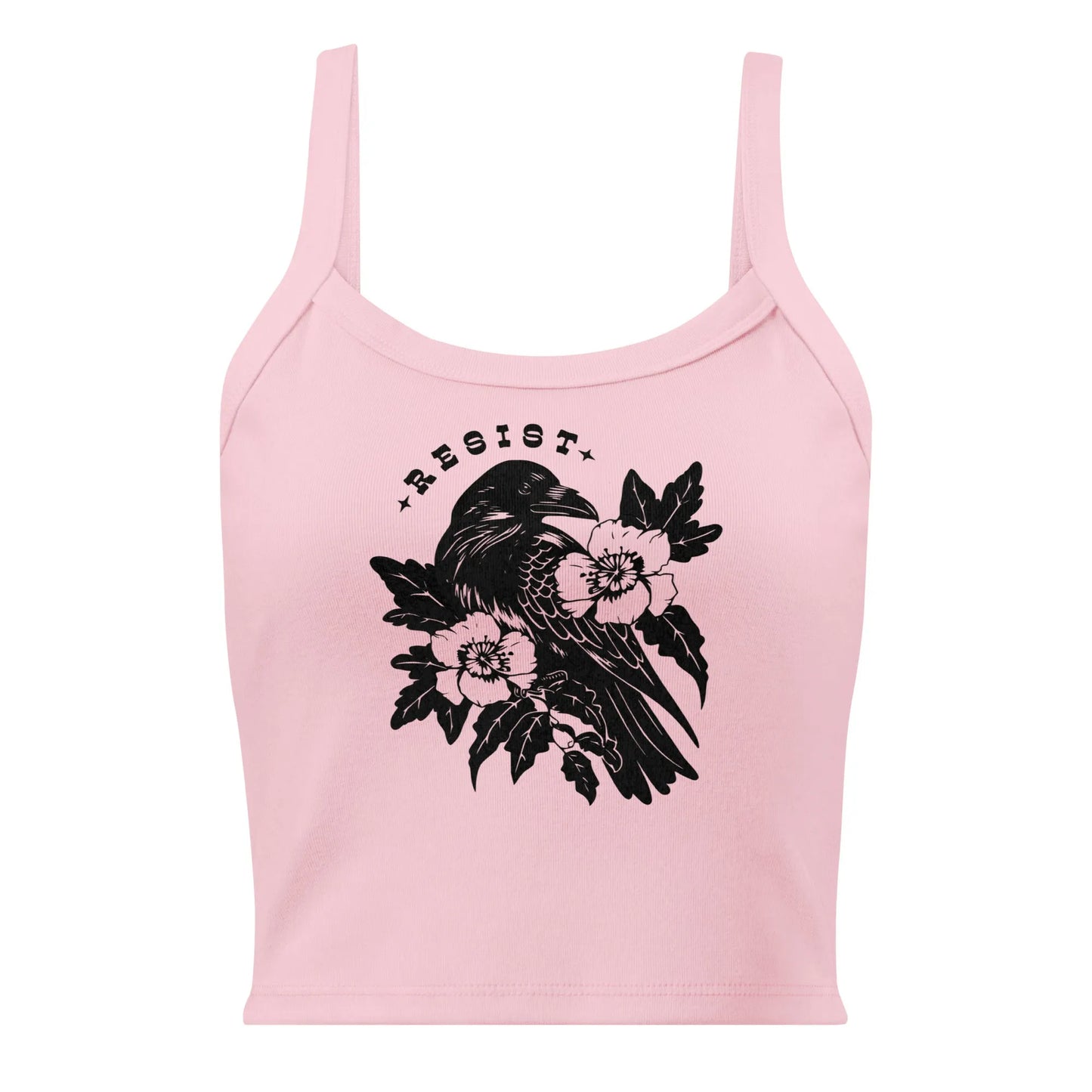 Resist Crow Floral and Leafy Graphic on a light blue pink tank top, Witchy feminism vibes, Rebel Girl Rampage