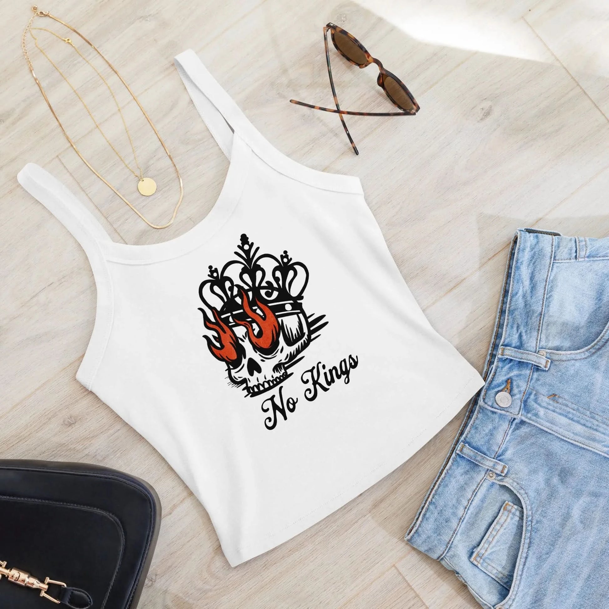 No Kings skull, crown and flame eyes graphic on a white crop tank top, stand with democracy, Rebel Girl Rampage