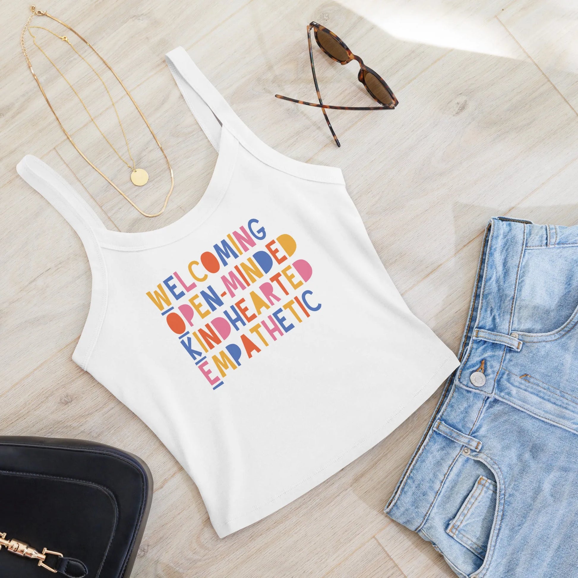 WOKE Acronym playful colors women’s crop tank top,, Anne Lesniak, Rebel Girl Rampage 