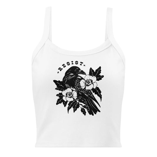 Resist Crow Floral and Leafy Graphic on a white crop tank top, Witchy feminism vibes, Rebel Girl Rampage