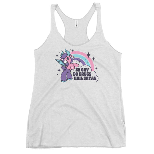 Be Gay Do Crimes Women’s Racerback Tank Top, LGBTQ Pride, Unicorn, Hail Satan, Anne Lesniak, Rebel Girl Rampage 