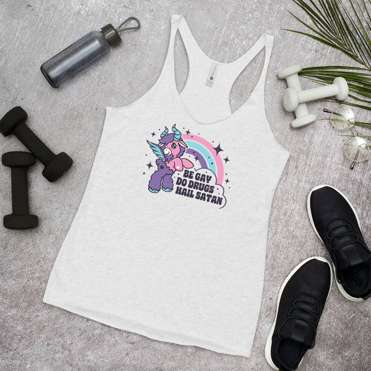Be Gay Do Crimes Women’s Racerback Tank Top, LGBTQ Pride, Unicorn, Hail Satan, Anne Lesniak, Rebel Girl Rampage 