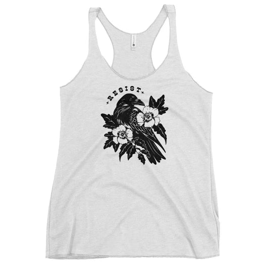 Resist Crow Graphic with flowers and leaves on a heather white racerback tank top, take a stance and resist, feminist art, Rebel Girl Rampage.