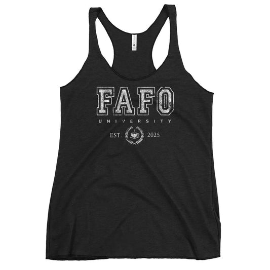 FAFO University Women’s Racerback Tank Top, College Gear, Back to School, Rebel Girl Rampage 
