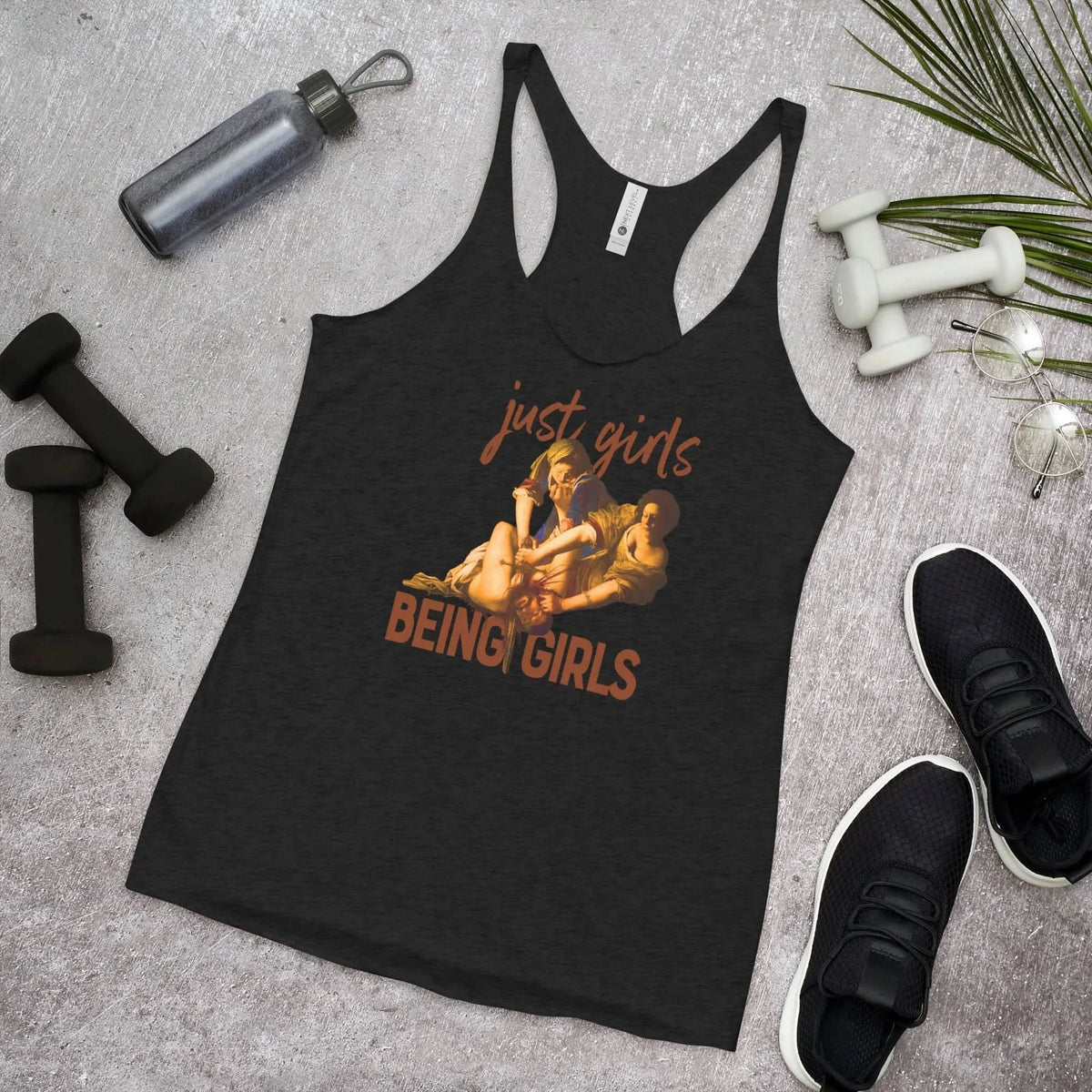 Just Girls Being Girls women’s racerback tank top, medieval humor, feminist, Rebel Girl Rampage 
