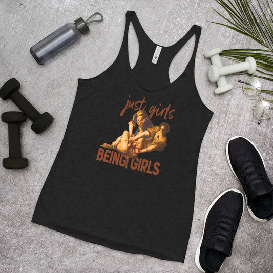 Just Girls Being Girls women’s racerback tank top, medieval humor, feminist, Rebel Girl Rampage 
