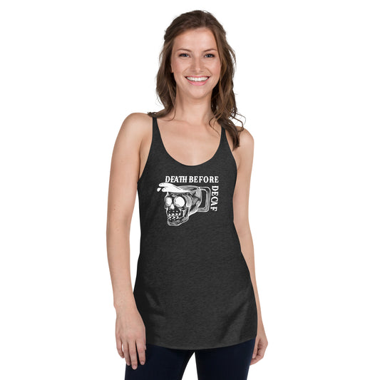 Death Before Decaf Women’s Racerback Tank Top, Medieval Coffee Humor, Rebel Girl Rampage