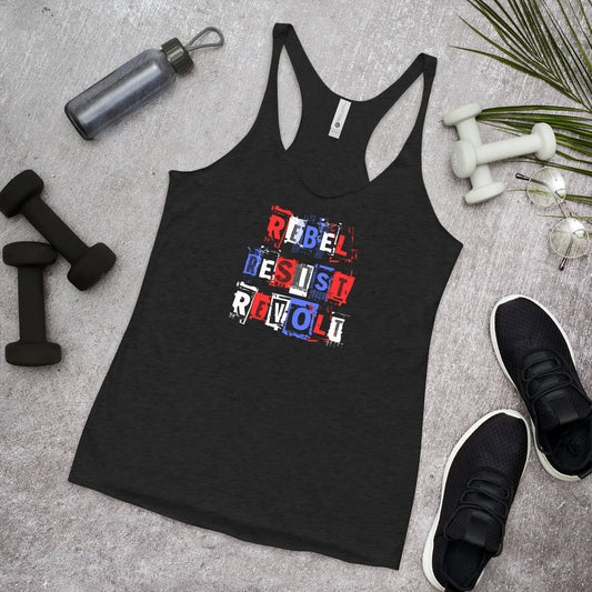 Rebel Resist Revolt Women’s Racerback Tank Top, Protest shirt, Punk rock, Rebel Girl Rampage 