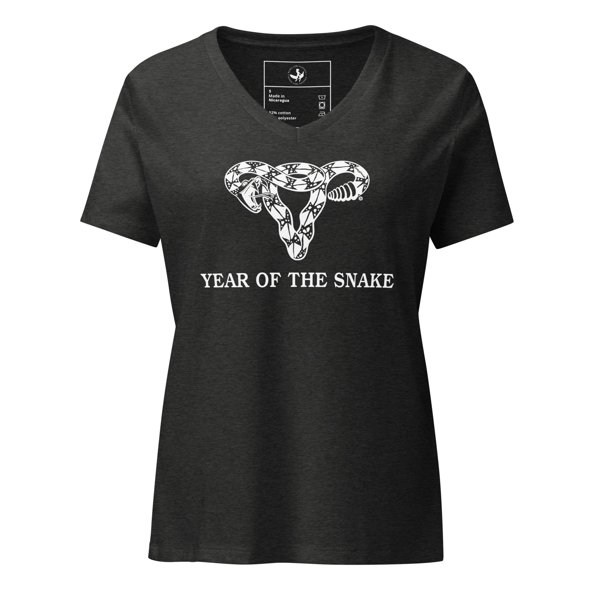 Year of the snake uterus women’s v-neck t-shirt, feminist art, Gadsden Don’t Tread On Me Uterus, Pro Choice, Revolution, Anne Lesniak, Rebel Girl Rampage 