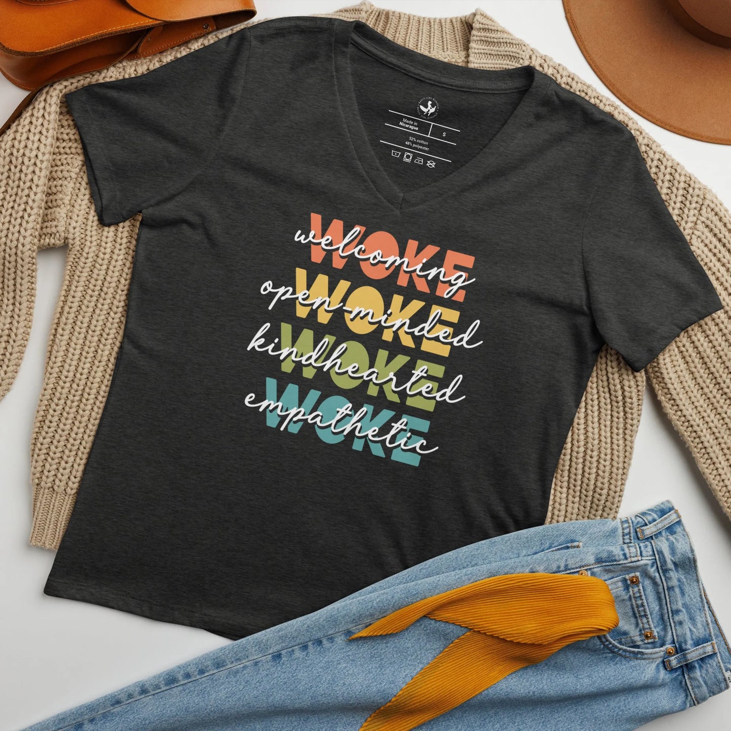 WOKE Acronym Rainbow women’s relaxed fit v neck t-shirt, Anne Lesniak, Pride, LGBTQ, Rebel Girl Rampage 