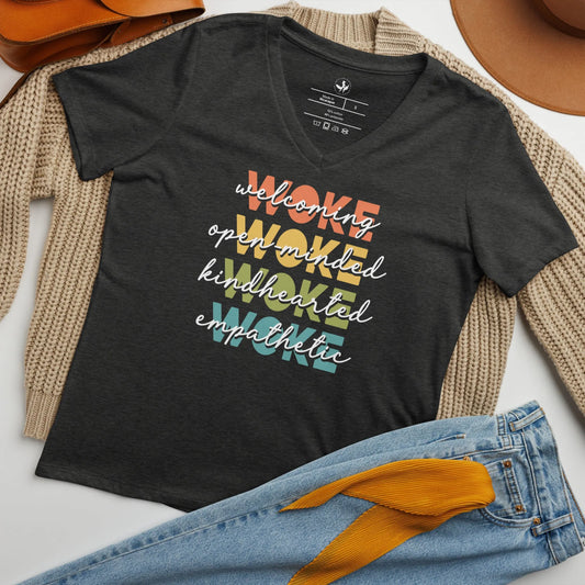 WOKE Acronym Rainbow women’s relaxed fit v neck t-shirt, Anne Lesniak, Pride, LGBTQ, Rebel Girl Rampage 