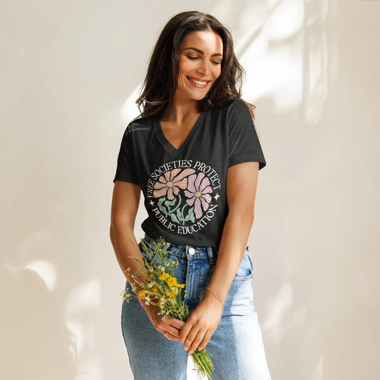 Free Societies Protect Public Education Women’s Relaxed Fit V-Neck T-Shirt, Art for change, Rebel Girl Rampage 