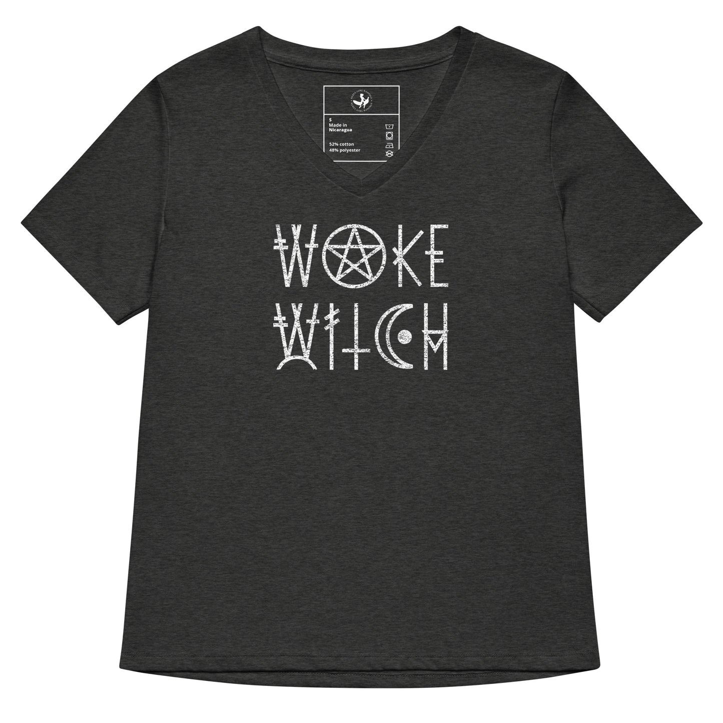 Woke Witch Women’s Tri-blend V-neck T-shirt, Graphic of a pentagram and other witchy symbols on a heather dark grey  t-shirt that says “woke witch”, Halloween, feminist art, Rebel Girl Rampage