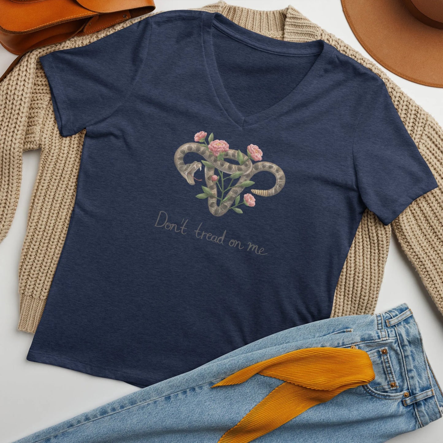 Don’t Tread On Me Uterus with Flowers women’s v-neck t-shirt, rattlesnakes and roses, feminist pro choice, Abortion rights,  my body my choice, Rebel Girl Rampage  