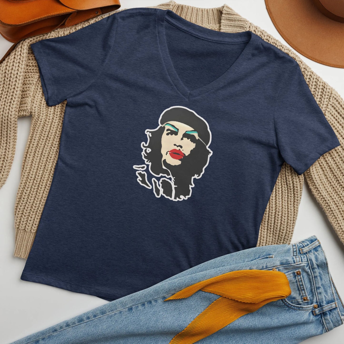 Revolution Slay Women’s V-Neck T-Shirt, Che Guevara, Graffiti Art, Stencil Artwork, Andy Warhol Inspired, Rebel Girl Rampage