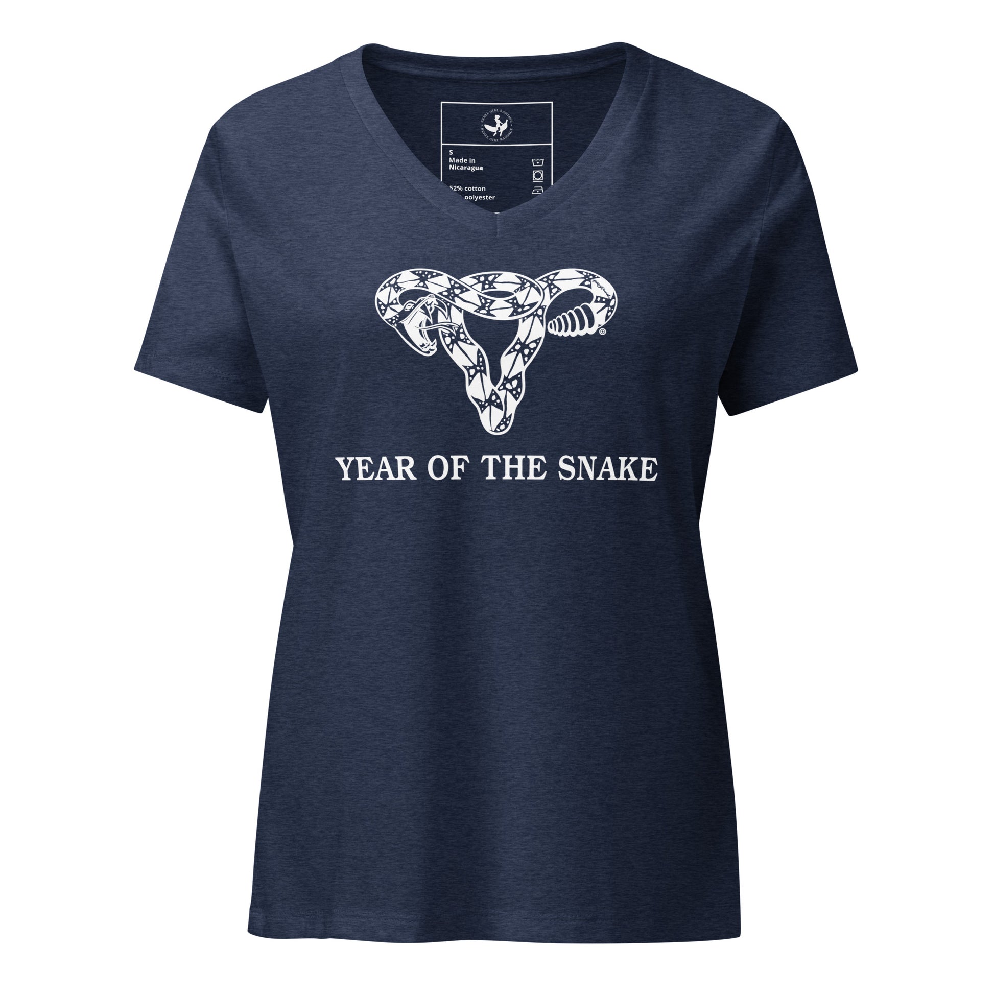 Year of the snake uterus women’s v-neck t-shirt, feminist art, Gadsden Don’t Tread On Me Uterus, Pro Choice, Revolution, Anne Lesniak, Rebel Girl Rampage 