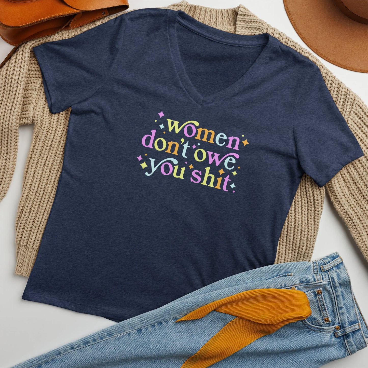 Women Don’t Owe You Shit V-neck T-shirt, Feminist, Anne Lesniak, Rebel Girl Rampage