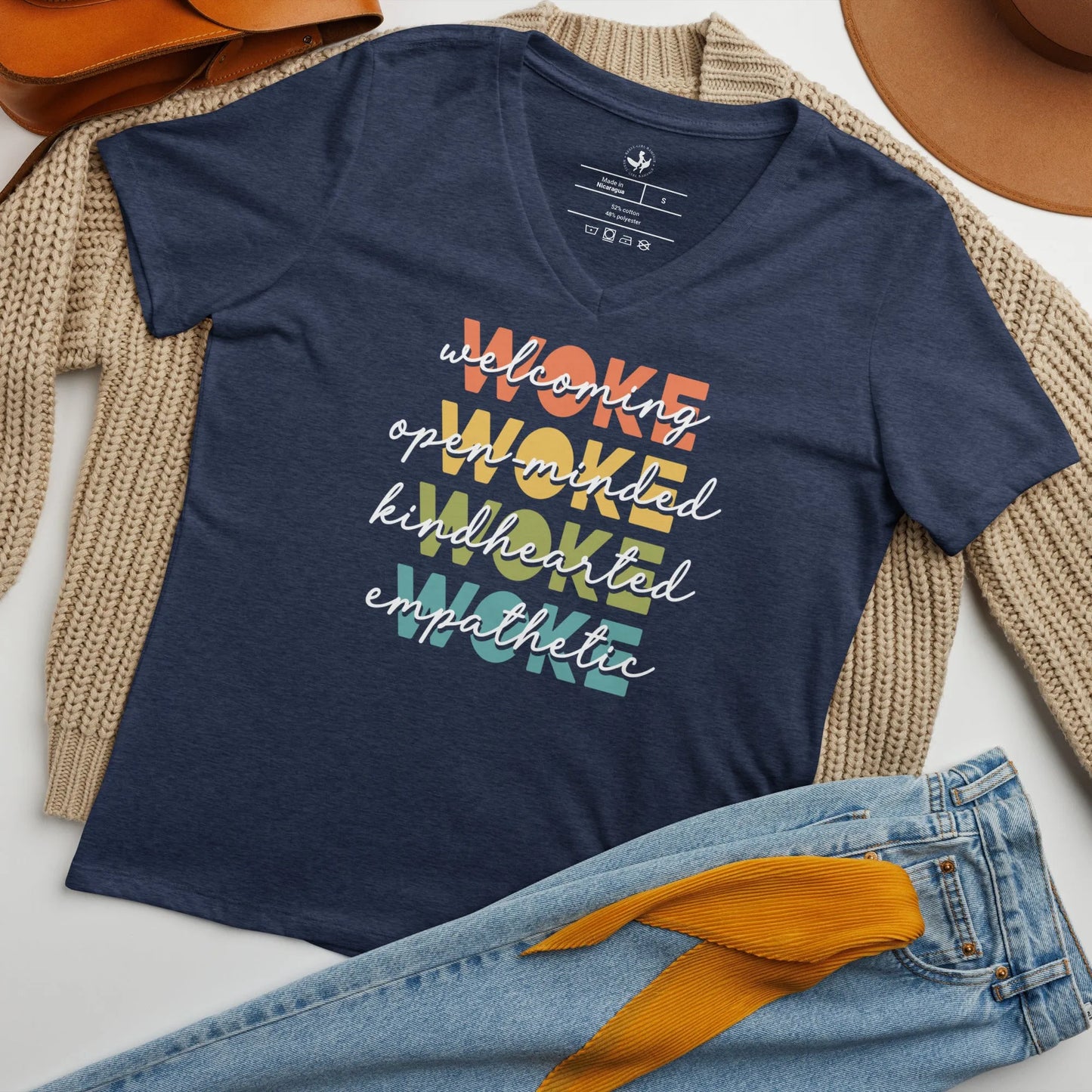 WOKE Acronym Rainbow women’s relaxed fit v neck t-shirt, Anne Lesniak, Pride, LGBTQ, Rebel Girl Rampage 
