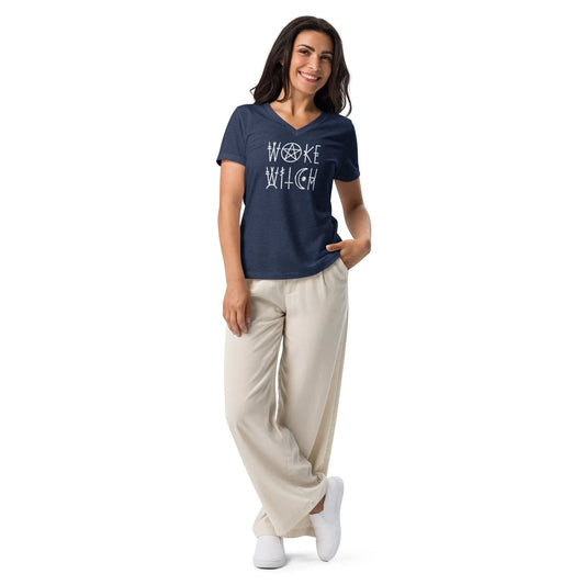 Woke Witch Women’s Tri-blend V-neck T-shirt, Graphic of a pentagram and other witchy symbols on a heather navy t-shirt that says “woke witch”, Halloween, feminist art, Rebel Girl Rampage