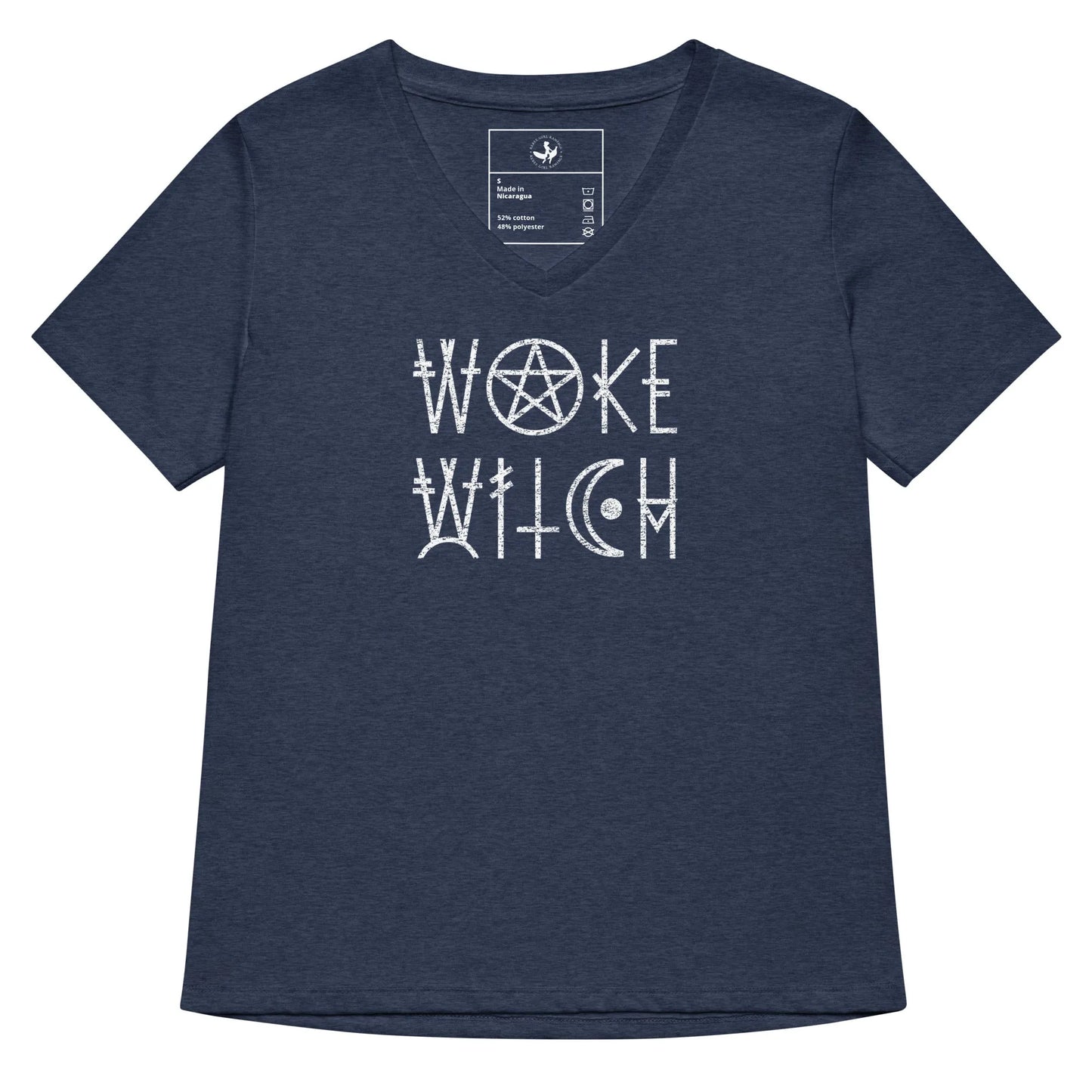 Woke Witch Women’s Tri-blend V-neck T-shirt, Graphic of a pentagram and other witchy symbols on a heather navy t-shirt that says “woke witch”, Halloween, feminist art, Rebel Girl Rampage